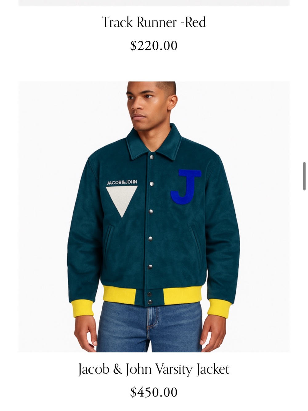 Brand new Jacob & John Teal Varsity Jacket with Yellow Trim